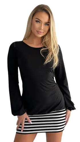 Mississhop 5-78 Damen Minikleid Kleid Tunika mit schwarzen Streifen Schwarz M