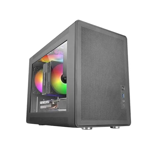 Mars Gaming MC-XPS, Ultrakompaktes MicroATX-Gehäuse, Gehärtetes Glas + Mesh-Panels, FRGB 120mm-Lüfter, Mesh-Kühltechnologie, Dual-PSU-Unterstützung für ATX und SFX, Mini-Tower PC USB-C, Schwarz