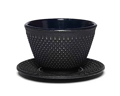 Maoci Gusseisen Teecup/Teeschale/Teetasse Arare schwarz-silber mit Unterteller