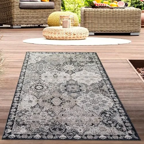 CARPETIA Teppich Outdoor Orientteppich Wohnzimmerteppich Ornamente in grau blau Größe 80x150 cm