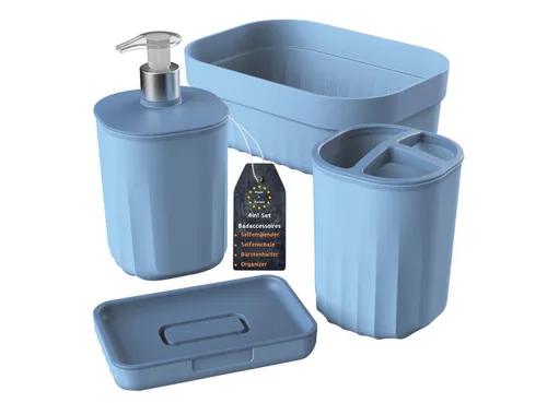 Engelland Badaccessoire-Set Badezimmer-Set, 4-teilig, bestehend aus Seifenspender, Seifenschale, Zahnbürstenhalter & Organizer, Vorteils-Set, 4 tlg., 4-teilig, modernes Design, robuster Kunststoff, BPA-frei, Rillen-Optik