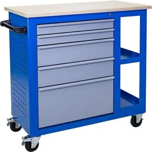 Güde Werkzeugwagen GWB 05, blau, 5 Schubladen mit Vollauszug - Werkstattwagen mit 5 kugelgelagerten Schubladen, zentral verschließbar. Arbeitsplatte aus robustem Holz, ideal für professionelle Werkstätten.