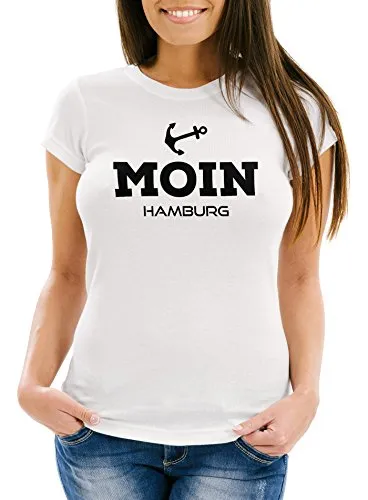 Neverless Damen T-Shirt Moin Hamburg Slim Fit Weiss S