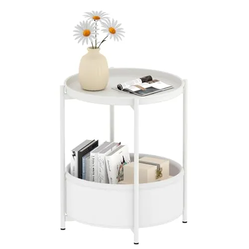 Garden 4 you Beistelltisch Rund, Sofatisch 2 Ebenen, Metall Balkontisch, Kleiner Tisch, Couchtisch mit Korb aus Stoff, Wohnzimmertisch, Beistelltische, Nachttisch fürs Schlafzimmer Wohnzimmer (Weiß)