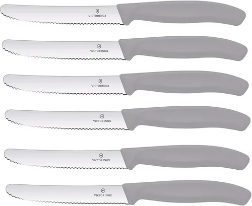 Victorinox Tafelmesser Set 6er Pack - Swiss Classic, Wellenschliff, Cool Grey - Tafelmesser Set mit 6 Teilen, ideal für Obst und Gemüse mit weicher Schale, spülmaschinenfest und ergonomisches Design für optimalen Komfort.