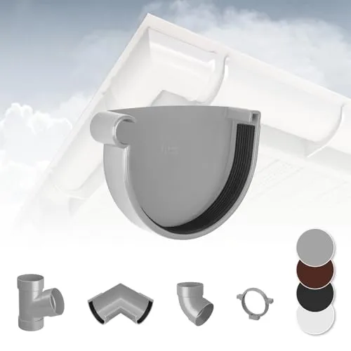 RAINWAY S Regenrinnen System (Rinnenendstück mit Dichtlippe links grau) - PVC-U Kunststoff in 4 Farben, für Dachflächen < 100m² empfohlen, Endstück Endkappe