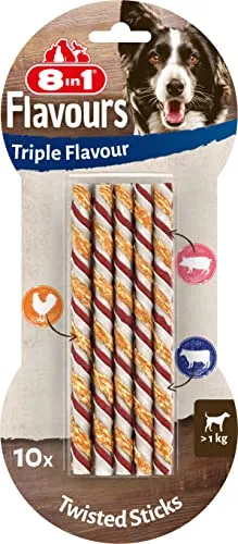 8in1 Triple Flavour Twisted Sticks - leckere Kaustangen mit Hähnchenfilet, Schweine- und Rinderhaut, 10 Stück