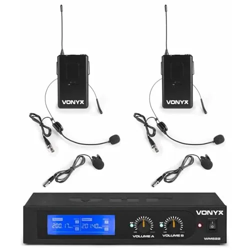 Vonyx WM522B - Mikrofon Empfänger mit 2 drahtlosen VHF-Bodypacks mit Headset Mikrofone, Mikrofonset, VHF Mikrofon für Shows, Entertainer, Moderation, Vorlesung, Professoren, Lehrer, Kopfmikrofon