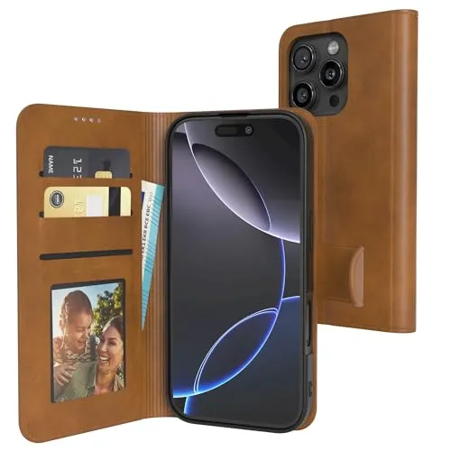 EAZY CASE - Klapphülle für iPhone 16 Pro Hülle klappbar mit Kameraschutz Schutzhülle mit Magnet Flip Case Ständer Kunstleder Klapptasche mit Kartenfach Sichtfenster Foto Premium Handyhülle Hell Braun