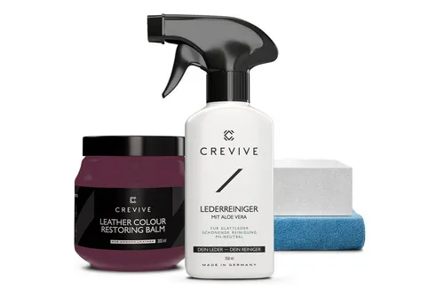CREVIVE Lederpflegeset 4-teilig - Autopflege & Motorradpflege: Komplettes Set zur Lederreinigung und -pflege, inkl. 300 ml Lederbalsam und 250 ml Reiniger mit Aloe Vera für langanhaltenden Schutz und Auffrischung.