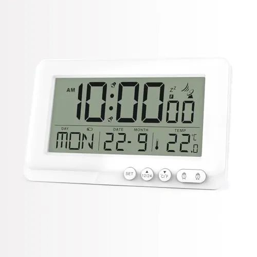 Teepacioka Funkwecker Digital mit Automatische Zeit, Datum, 5-Minuten Snooze, Temperaturanzeige, Kunststoff Digitaler Wecker, 2 x AAA-Batterie (Nicht im Lieferumfang enthalten) (Weiß)