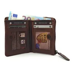 Jockey Club Mini Geldbörse aus echtem Leder mit RFID Schutz - Elegante Mini Geldbörse aus weichem Vintage Rindleder, mit praktischem Reißverschlussmünzfach und RFID Schutz für Ihre Sicherheit. Ideal für stilbewusste Männer und Frauen.