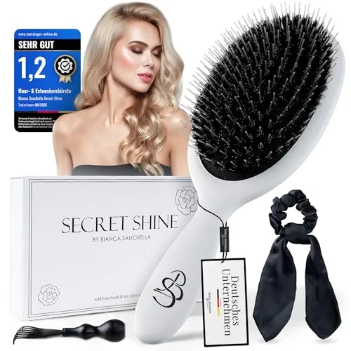 Bianca Sauchella Secret Shine Extensions Bürste – Wildschweinborsten & Keratin-Stifte, Anti-Frizz, schonend & ohne Ziepen, ideal für Tape-In, Bonding & Clip-In Extensions, Weiß
