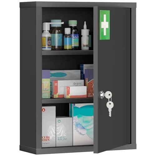 kleankin Medizinschrank, abschließbarer Apothekerschrank mit 3 Fächern, Schwarz - Praktischer Medizinschrank mit 3 Regalfächern für eine optimale Raumnutzung. Sicher verschließbar und ideal für Familienhaushalte. Robuste Stahlkonstruktion, perfekt für feuchte Umgebungen.
