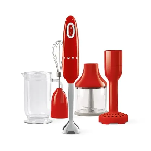 Smeg, HBF22RDEU Stabmixer, Turbo-Funktion und Flowblend-Schneidsystem, mit rutschfestem Griff, integrierter Kabelaufwicklung, inkl. Zubehör, Leistung 700W, Rot