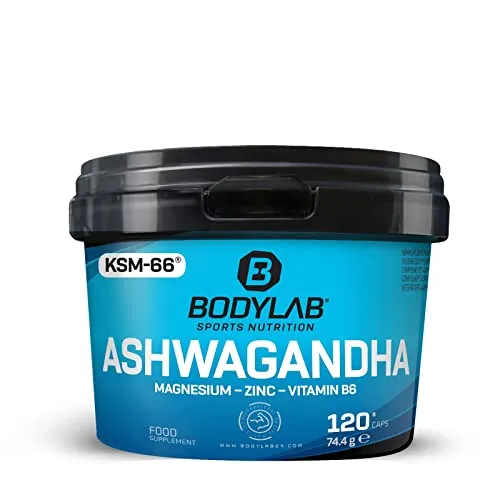 Bodylab24 Ashwagandha Kapseln 120 Stück - Ayurvedische Ashwagandha Kapseln mit hochwertigem KSM-66, angereichert mit Magnesium, Zink und Vitamin B6. Ideal für sportlich aktive Menschen und zu 100% vegan.