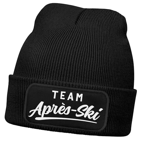 MoonWorks® Herren Beanie mit Patch Strickmütze Skifahren Party Skiurlaub Spruch Aufdruck Lustig Mütze Männer Schwarz Unisize