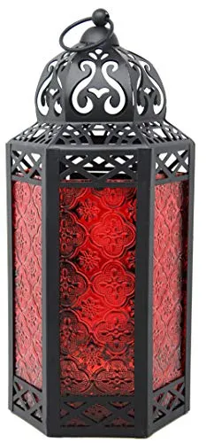Dekorative marokkanische Laterne aus schwarzem Metall mit Kerzenhalter – Innen-/Außenbereich, Heimdekoration, Terrasse, Hochzeiten, Weihnachten, groß, rot