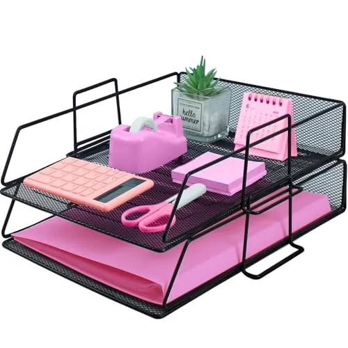 ideallife Stapelbare Briefablage aus Metall, Schwarz Schreibtisch Organizer mit 2 Dokumentenablage, Mesh Schreibtischablage für A4 Dokument, Büroablage, Postkörbe