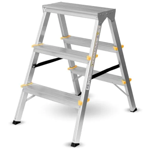 Zweiseitige Aluleiter Klappleiter Haushaltsleiter 150kg Traglast TÜV EN131 | 3 Stufen / 150kg