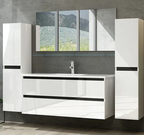 Badmöbel Set Weiß / Schwarz Optik Hochglanz Badezimmermöbel 90 cm Dennis Badmöbel Set Komplett.