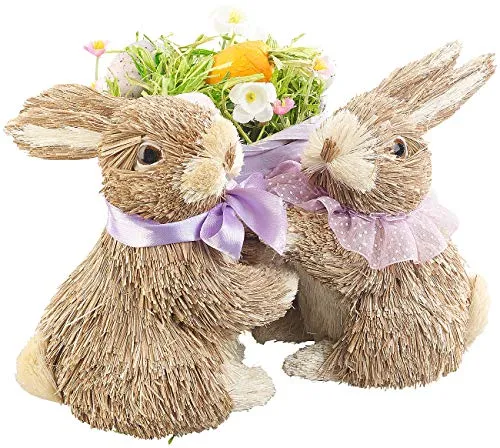 infactory Osterdeko: Deko-Osterhasen-Pärchen mit Ostereier-Korb aus natürlichen Materialien (Osterhasenpärchen, Hasen, Figuren)