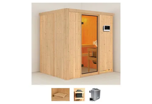Karibu Sauna Bedine, 196 x 151 x 198 cm, 9 KW-Ofen mit externer Steuerung - Innensauna für entspannende Wellnessmomente, fördert Gesundheit und Wohlbefinden durch regelmäßige Saunagänge.