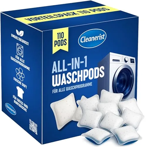 Cleanerist | All-in-1 Waschmittel Pods Caps – 110 Universal-Tabs (2kg) Pulver gefüllt, schnell löslich, für Weiß- Bunt- Kochwäsche – Frischer Duft – Made in Germany
