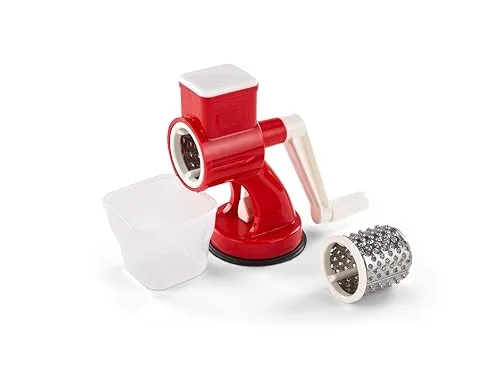 Rigamonti Universal Manueller Grater mit Behälter, Reibe für Käse, Obst und Gemüse, Doppelwalze aus Edelstahl, BPA-frei, rot, spülmaschinenfest