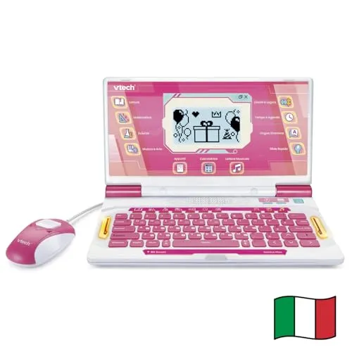 VTech Bit Smart Genius Plus Rosa, interaktiver Computer für Kinder, Computer mit Maus, 164 Aktivitäten, zweisprachiger Lehrcomputer Italienisch und Englisch, QWERTY-Tastatur, Batterien im Lieferumfang