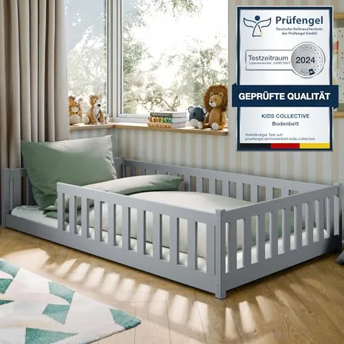 Kids Collective Kinderbett 120x200 cm mit Rausfallschutz - Montessori Bodenbett mit Matratze & Lattenrost, aus FSC-zertifiziertem Kiefernholz, sicher und stabil für Kinder und Eltern, fördert Unabhängigkeit und sicheres Schlafen.