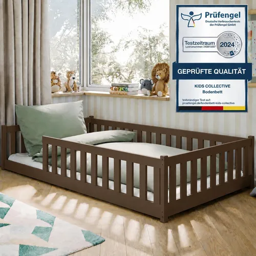 Kinderbett Bodenbett 120x200 cm mit Rausfallschutz - Dunkelbraun - Das stilvolle Kinderbett mit Rausfallschutz bietet Sicherheit und Komfort. Ideal für selbstständige Kinder, fördert es die Unabhängigkeit und schafft einen gemütlichen Rückzugsort zum Spielen und Entspannen. Inklusive Lattenrost.