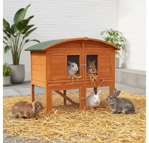 Feel2Home Kleintierkäfig mit Runddach für Hasen und Nager - Geräumiger Kleintierkäfig mit zwei Etagen und Freilaufgehege. Praktische Reinigung durch herausnehmbare Schublade. Robuste Bauweise mit sicherem Zugang für glückliche und aktive Tiere.