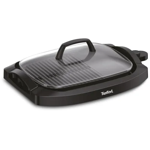 Tefal CB6A0830 Plancha Grill mit Deckel - Vielseitiger Grill mit 2/3 Rippen und 1/3 glatter Platte für Fleisch, Fisch und Gemüse. Mit einstellbarem Thermostat und 5 Temperatureinstellungen für perfektes Grillvergnügen!