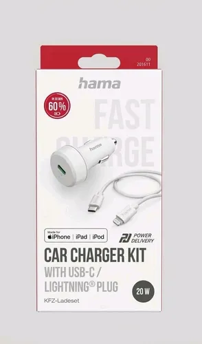 Hama 00201611 Ladegeräte für Mobilgeräte Weiß - Universelles Auto-Schnellladegerät mit 1 USB-C Anschluss, inklusive Datensynchronisationskabel – ideal für schnelles Aufladen unterwegs.