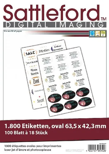 Sattleford Adressetiketten: 1800 Etiketten oval 63,5x42,3 mm für Laser/Inkjet (Etiketten Aufkleber, Drucker selbstklebend, Druckerpapier)