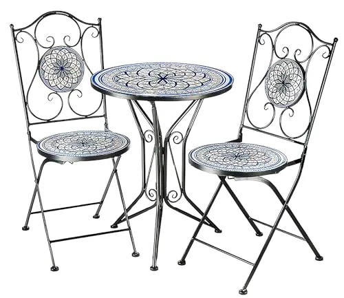 Kobolo Balkonset Sitzgruppe - 3-tlg. Gartenmöbel mit Mosaikdesign - Balkonmöbel-Set aus robustem Metall in blau-weißem Mosaikdesign, ideal für gemütliche Stunden im Freien. Pflegeleicht und perfekt für Balkon oder Terrasse.