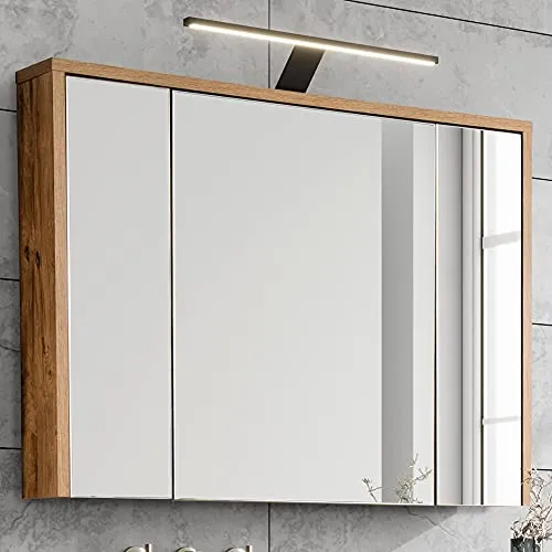 Lomadox Badezimmer-Spiegelschrank mit LED-Beleuchtung 100 cm - Spiegelschrank fürs Bad in Eiche Dekor, mit 3 Drehtüren und 6 Einlegeböden für optimalen Stauraum. Hochwertige Materialien und griffloses Design sorgen für eine stilvolle Optik.