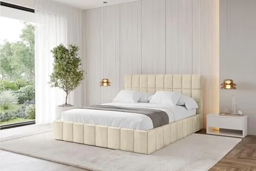 ALTDECOR Polsterbett mit Bettkasten und Lattenrost, Bett mit Kopfteil, Boxbett ohne Matratze, Doppelbett mit Stauraum - AMEA 120x200 Beige