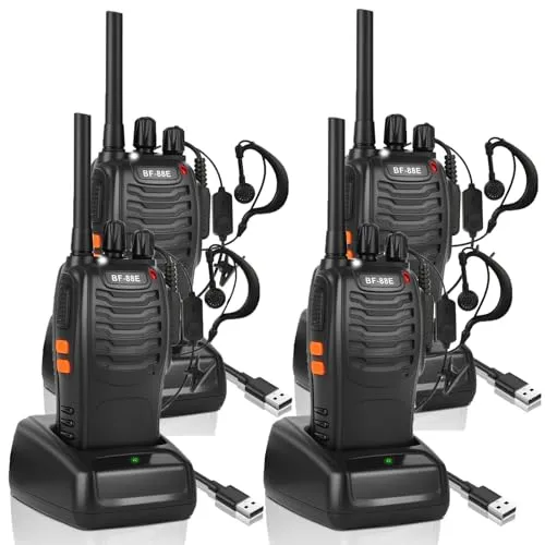 JUAUO Professionelles Walkie Talkie für Erwachsene, Wiederaufladbarer Walkie-Talkies 16 Kanäle PMR446 Zwei-Wege-Funkgeräte mit Headset und USB-Ladestation für Camping, Wandern (Schwarz, 2 Paar)