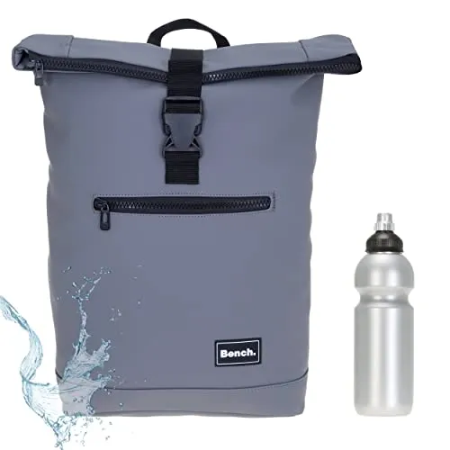 Sieber Rucksack Kurierrucksack Bench Hydro Plane Roll-Top backpack Laptoprucksack A4 wetterfest Damen Herren 64175 + Trinkflasche (Grey 1700)