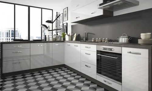 L-Form Küchenzeile ESSEN 245x316cm - Moderne Einbauküche in L-Form, mit eleganten Acrylfronten in Hochglanz und praktischer Soft-Close-Funktion für geräuschloses Schließen. Ideal für stilvolle Küchenlösungen.