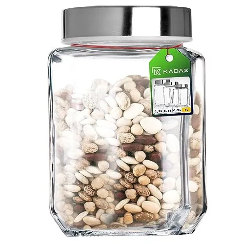 KADAX Vorratsglas, Glasbehälter mit Deckel aus Kunststoff, Lebensmittelbehälter aus Glas, Vorratsdose für Nudeln, Spaghetti, Gewürze, Einweckglas, transparent, luftdicht (1000ML, weiß)