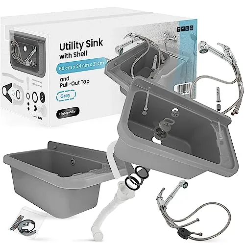 Ausgussbecken 60 x 34 cm Grau mit Regal Spültischmischer mit Ausziehbrause Spülbecken Waschbecken für Garten Garage Keller Waschküche Gartenwaschbecken Waschtrog Siphon und Montageset
