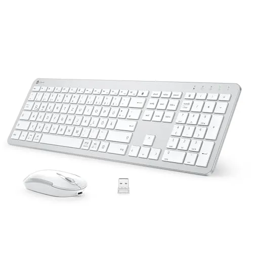 iClever Kabelloses Tastatur Maus Set, Wiederaufladbar, Deutsch QWERTZ Layout - Maus-Tastatur-Set mit USB-Empfänger für einfache Verbindung. Wiederaufladbare Batterie mit bis zu 90 Stunden Laufzeit und ergonomisches Design für komfortables Tippen.