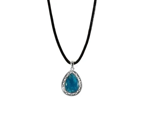 Edellis Halskette mit Tropfen Anhänger aus Naturstein und Ziegenleder versehen mit einem Verschluss aus Sterling Silber. (Apatit, 42 cm)