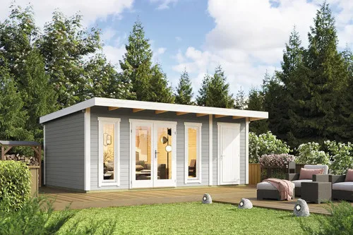Gartenhaus Blockhaus Pultdach 44 mm Sizilien 2 grau - Hochwertiges Gartenhaus mit 19,32 m² Nutzfläche, isolierverglasten Fenstern und abschließbarer Doppeltür. Ideal für Gartenliebhaber, die zusätzlichen Stauraum und ein stilvolles Ambiente suchen.