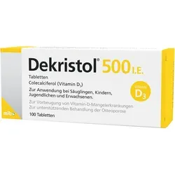 Dekristol 500 I.E. Tabletten 100 ST - Präparat mit 500 I.E. Vitamin D zur Unterstützung der täglichen Ernährung. Ideal zur Vorbeugung von Mangelerscheinungen und für die gesamte Familie.