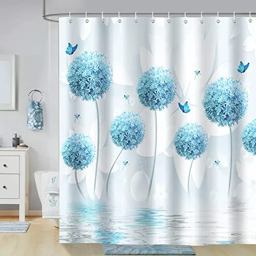 Bonhause Duschvorhang Löwenzahn Blaue Blume Schmetterling 180 x 180 cm Duschvorhänge Anti-Schimmel Wasserdicht Polyester Stoff Waschbar Bad Vorhang für Badzimmer mit 12 Haken