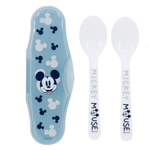 Stor Set aus zwei Mickey-Mouse-Kinderlöffeln aus Kunststoff, BPA-frei, waschbar und wiederverwendbar, mit Box